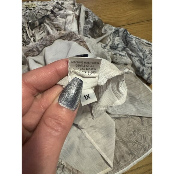 One World Live & Let Live Blouse Sz 1X Artsy Floral Lightweight Lined Tie Sleeve - Picture 14 of 15